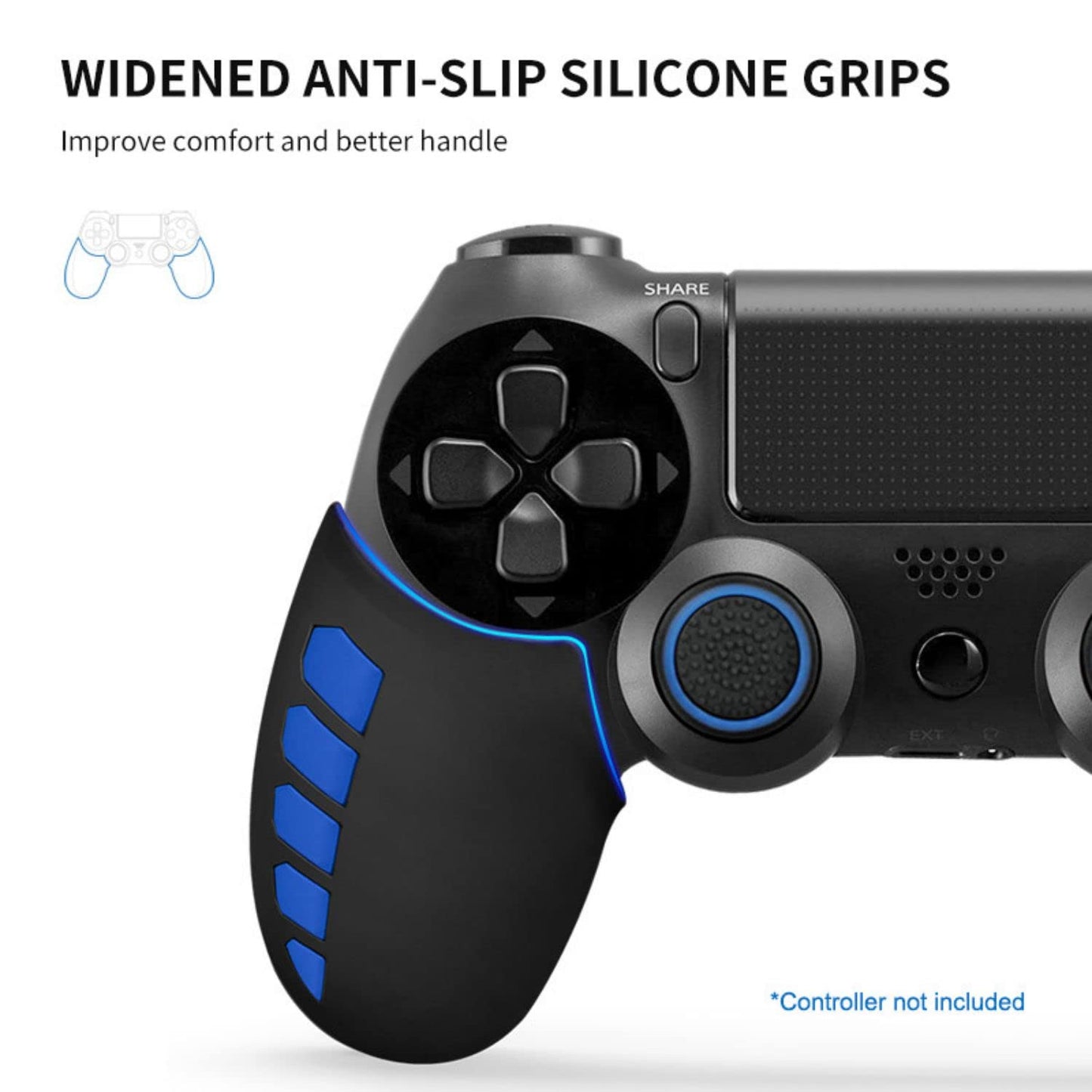 Controller Silicone Case Grip Set for PS4 - Rubber Protector Handle with 2X Joystick Thumb Caps and 2X Analog Precision Rings - Compatible with PS4/Slim/Pro - Blue Stripe