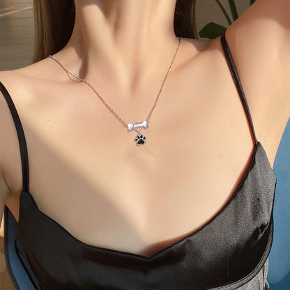 DAOCHONG 925 Sterling Silver Forever Love Heart Dog Bone with Puppy Paw Pendant Necklace for Women Dog Lover Jewelry Graduation Gifts