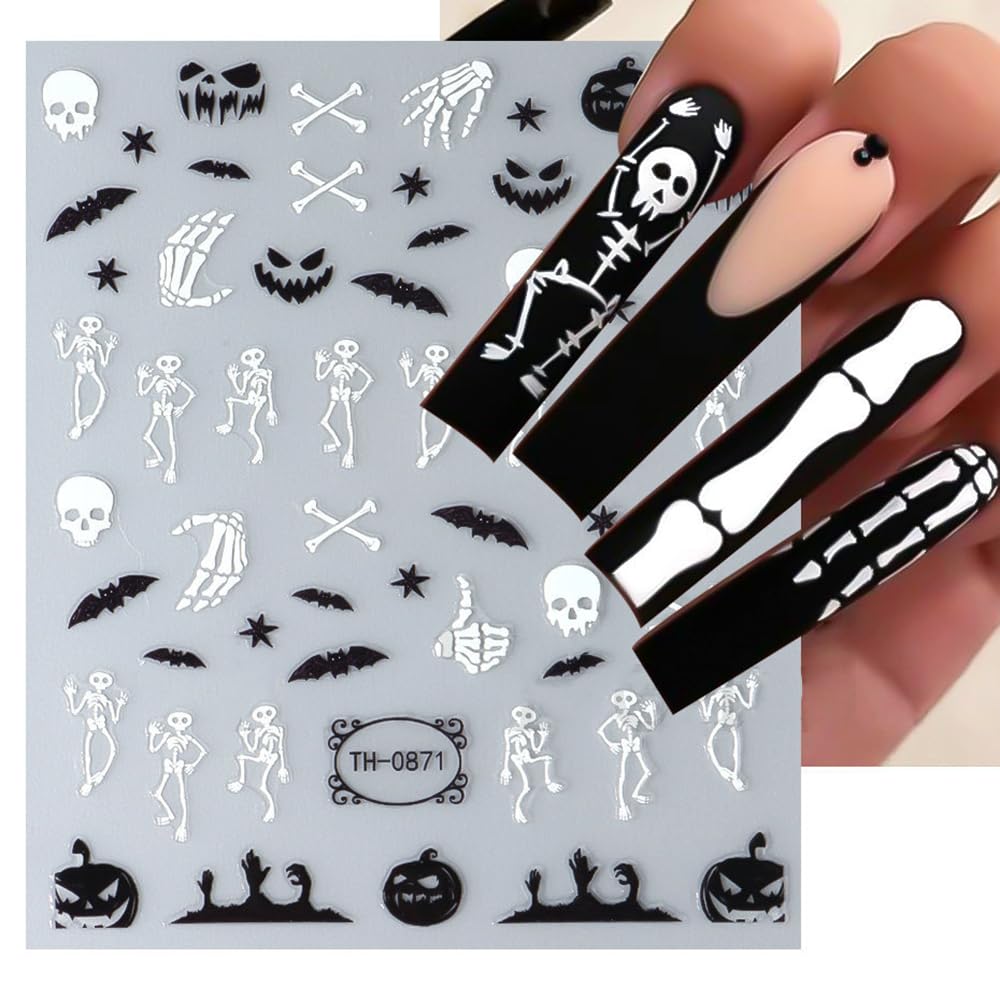 Halloween Nail Stickers, 6 Sheets Black Ghost Nail Decals 3D Self-Adhesive Small Horror Pumpkin Witches Bat Ghost Spider Halloween Pattern Black White Holiday Nail Art Design for Women Kids