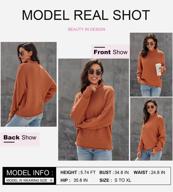 Dokotoo Fall Sweaters for Women 2025 Batwing Long Sleeve Turtleneck Sweaters Solid Autumn Basic Casual Halloween Sweaters Loose Oversized Chunky Knit Pullovers Sweaters Jumper Orange Blouses Medium