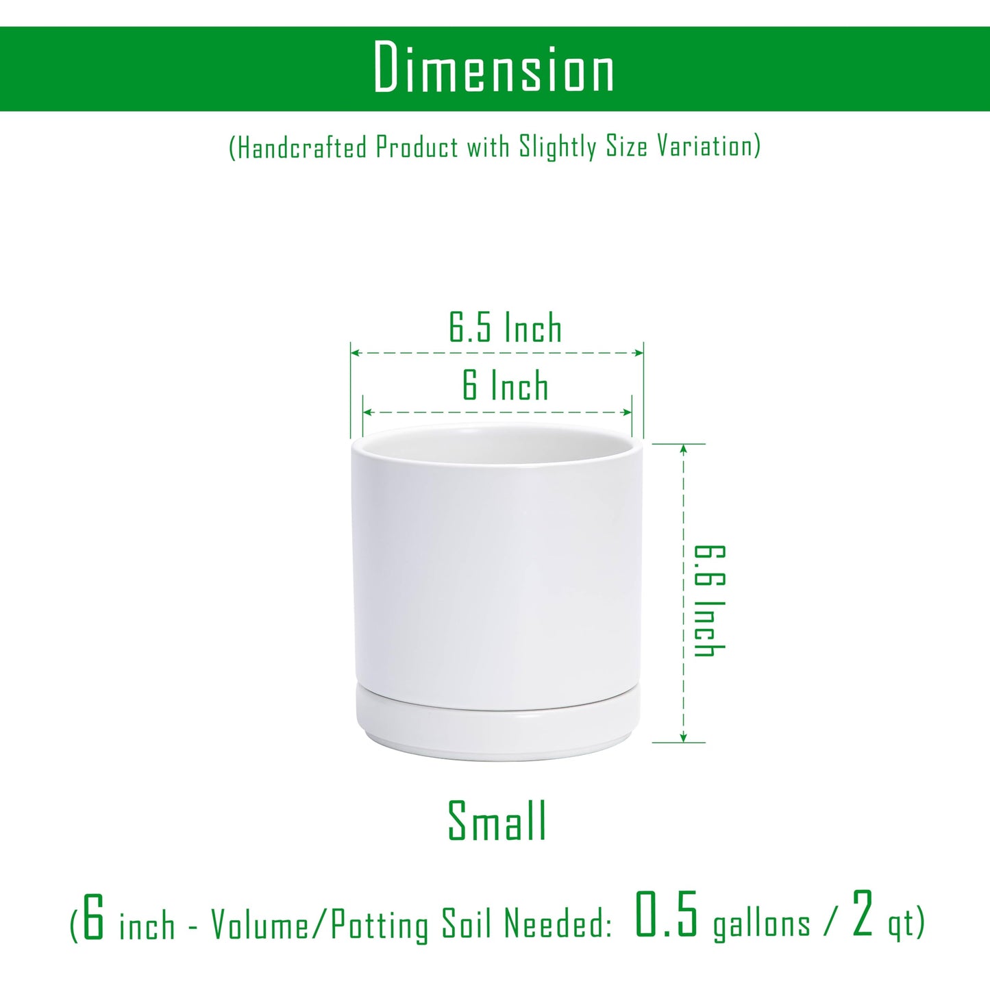 D'vine Dev 6.5 Inch Ceramic Planter Pot with Drainage Hole and Saucer, Indoor Cylinder Round Flower Pot, White, 94-O-C-1