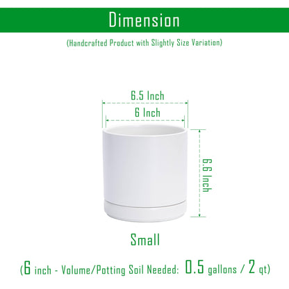 D'vine Dev 6.5 Inch Ceramic Planter Pot with Drainage Hole and Saucer, Indoor Cylinder Round Flower Pot, White, 94-O-C-1