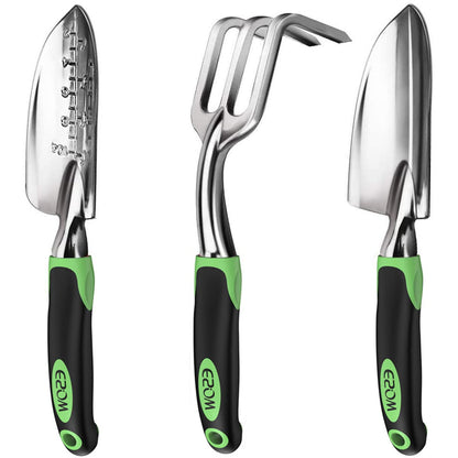 ESOW Garden Tool Set, 3 Piece Cast-Aluminum Heavy Duty Gardening Kit Includes Hand Trowel, Transplant Trowel and Cultivator Hand Rake with Soft Rubberized Non-Slip Ergonomic Handle, Garden Gifts