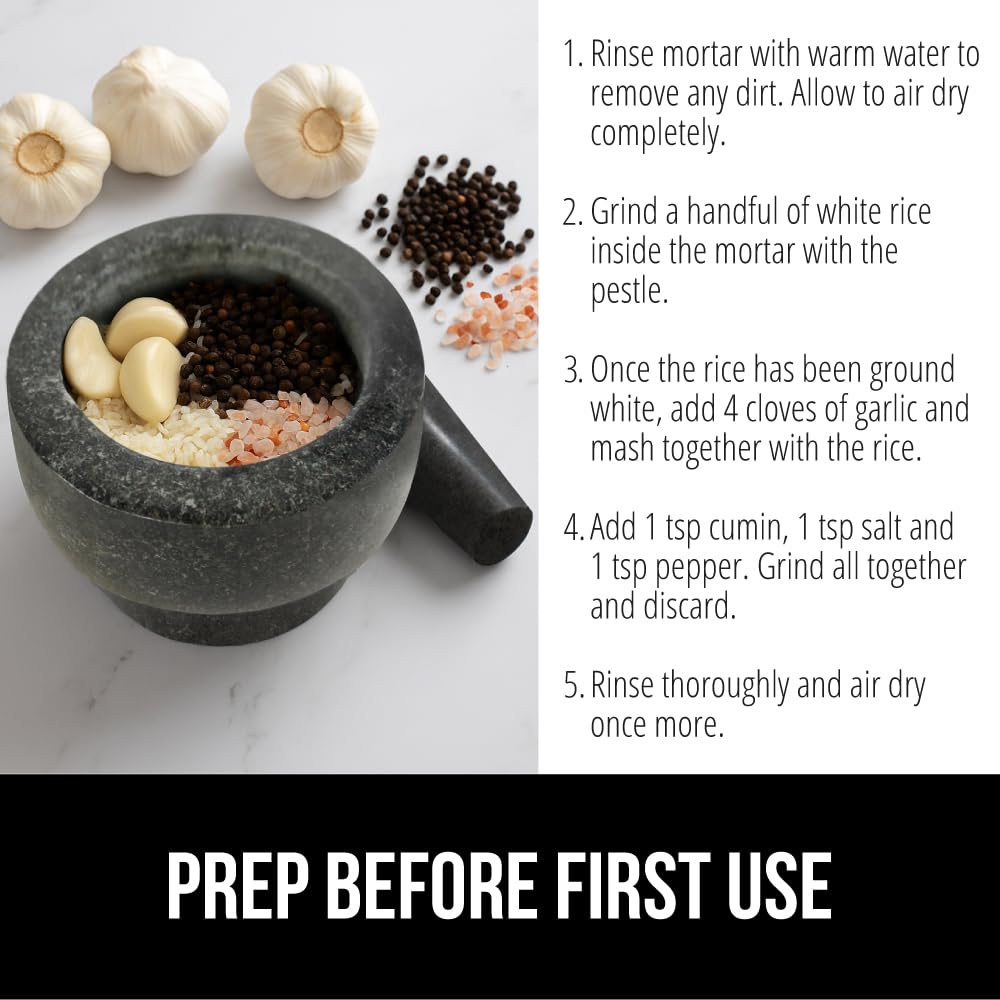 GORILLA GRIP Heavy Duty Mortar and Pestle Set with Slip Resistant Base, 100% Granite Stone Molcajete Guacamole Bowl, Grind Seeds Spices, Crush Garlic, Kitchen Muddler for Fresh Herbs, 1.5 Cup, Black