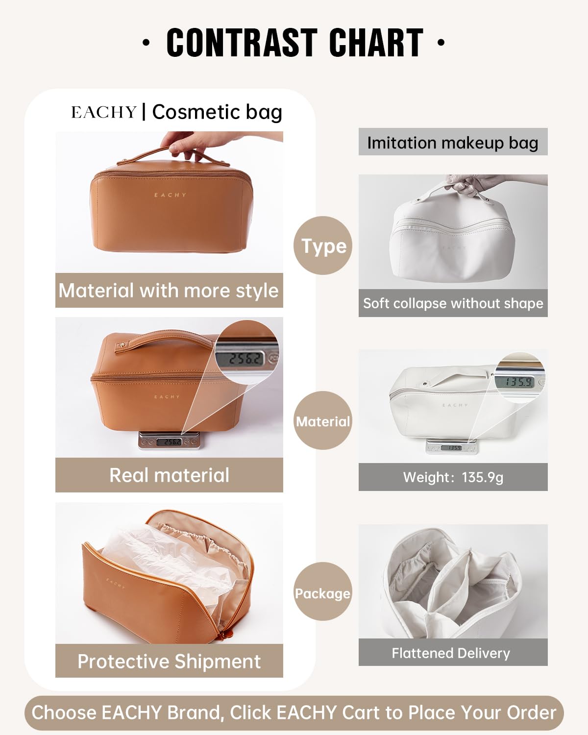 EACHY Travel Makeup Bag,Large Capacity Cosmetic Bags for Women,Waterproof Portable Pouch Open Flat Toiletry Bag Make up Bag with Divider and Handle, Gifts for Women (Brown, Medium)