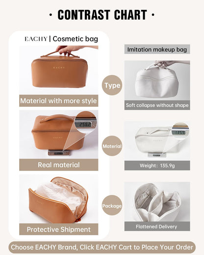 EACHY Travel Makeup Bag,Large Capacity Cosmetic Bags for Women,Waterproof Portable Pouch Open Flat Toiletry Bag Make up Bag with Divider and Handle, Gifts for Women (Brown, Medium)