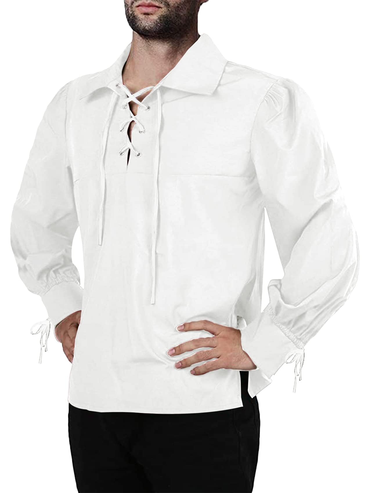 Mens Medieval Pirate Shirt Viking Renaissance Lace up Halloween Mercenary Scottish Jacobite Ghillie Tops (Small, 01 White)