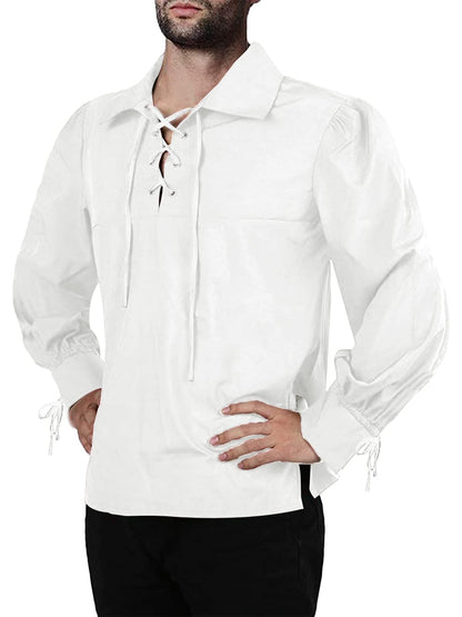 Mens Medieval Pirate Shirt Viking Renaissance Lace up Halloween Mercenary Scottish Jacobite Ghillie Tops (Small, 01 White)