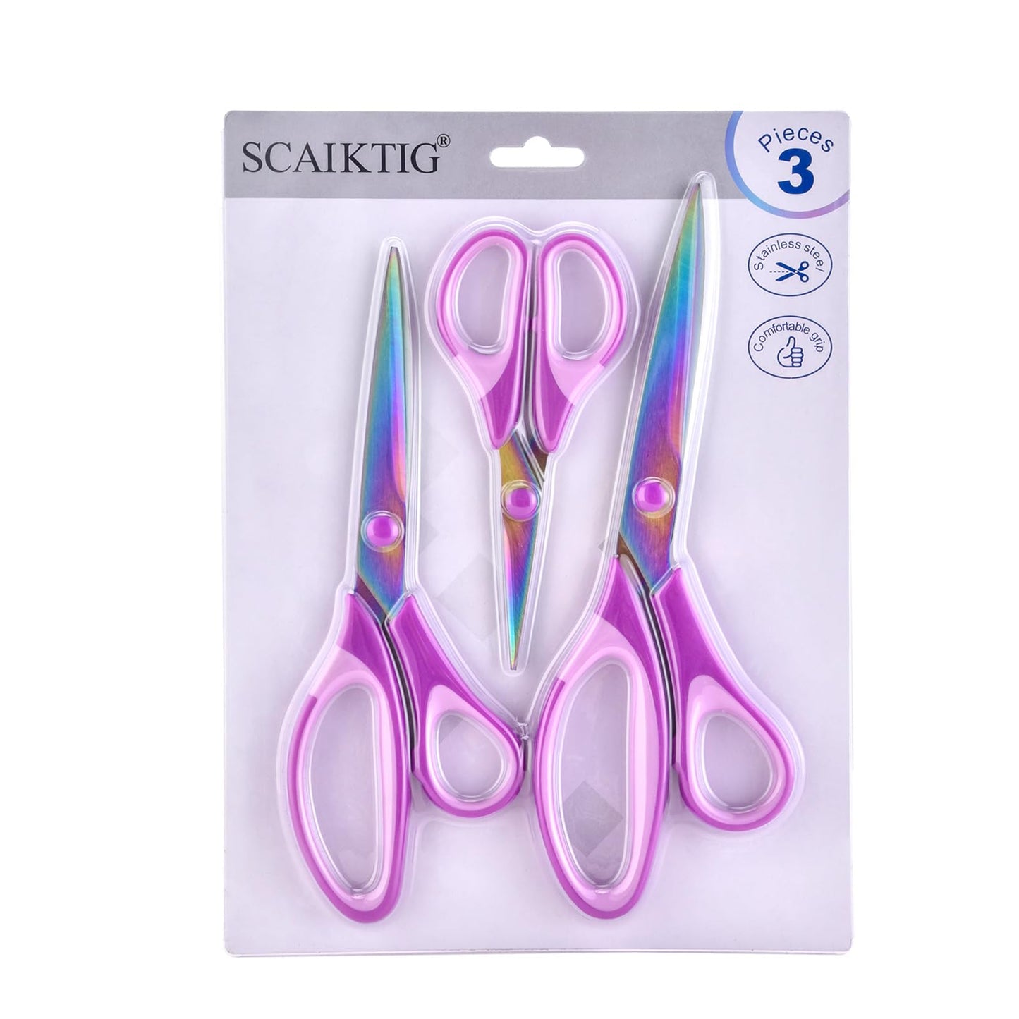 Craft Scissors Set of 3 Pack, All Purpose Sharp Titanium Blades Shears, Comfort Grip Handle, Multipurpose Fabric Scissors Tool Great for Adults, Office, Sewing, School and Home Supplies, Purple