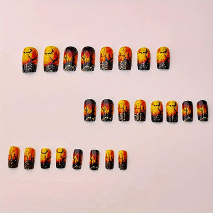 24 Pcs Halloween Press On Nails - Short Square Glossy False Nails with Bats Design, Full Cover Terror Reusable Acrylic Nails for Women's Manicure Decoration