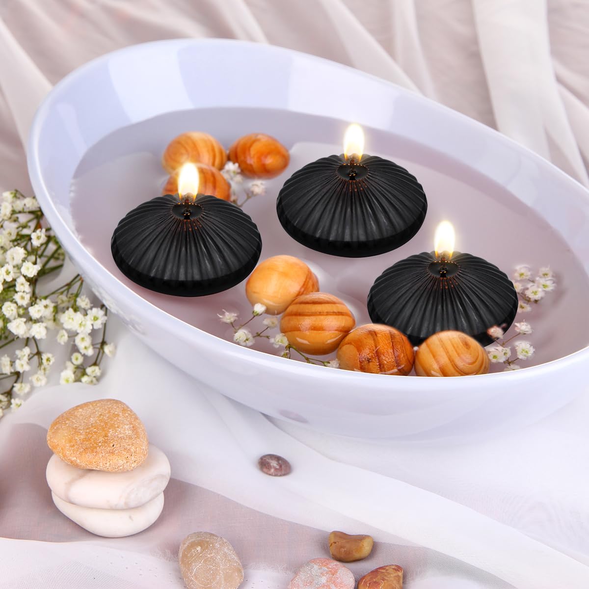 12 Pack 3 Inch Black Floating Candles, 10 Hour Unscented Dripless Tealight Candles for Cylinder Vases, Centerpieces at Wedding Party Halloween - Wavy Float Candle