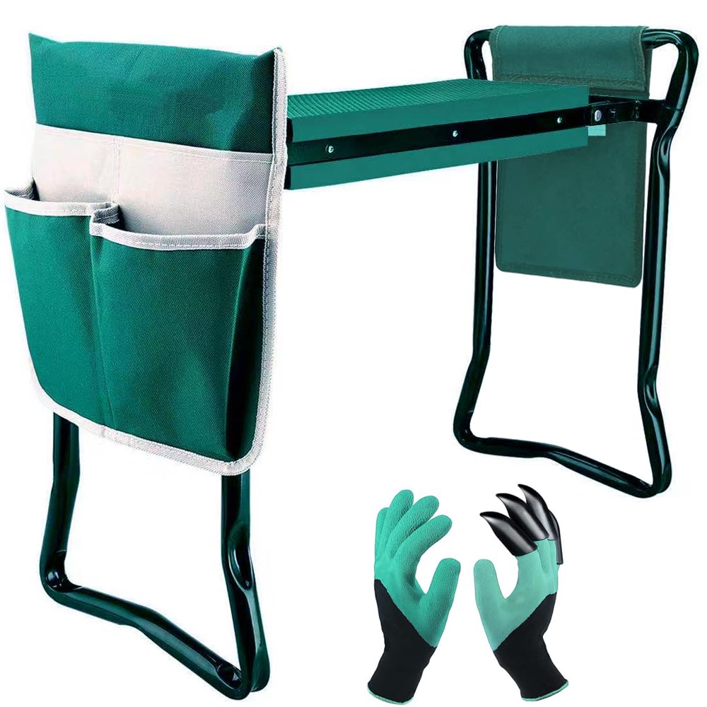 Garden Kneeler and Seat,with 2 Tool Bags Pouches and Claw Gloves,Portable Lightweight Bench Thicken EVA Foam Pad Sturdy Steel Pipe Practical Garden Tools(Green)
