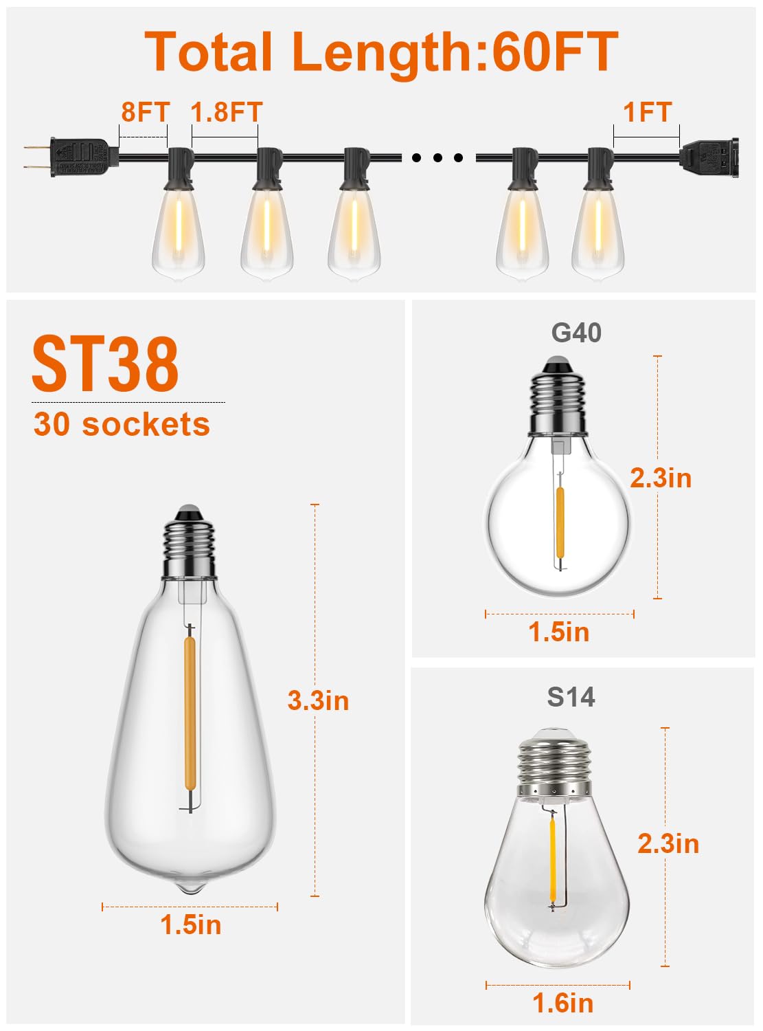 GPATIO Outdoor String Lights, 60FT Waterproof Patio Lights with 32 Hanging Globe ST38 Bulbs, 2700k Shatterproof for Backyard Gazebo Porch Garden Commerical Outside Decor