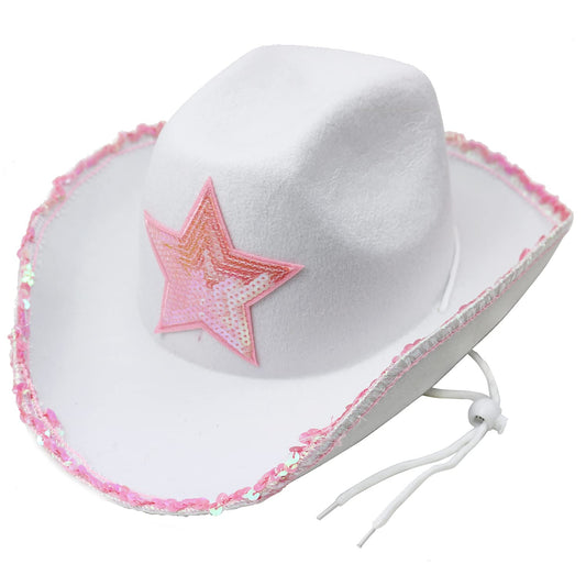 GiftExpress White Felt Cowgirl Hat with Pink Sequin Star, Country Themed Party Cowboy Dressup Play Costume Hat For Teens & Adults