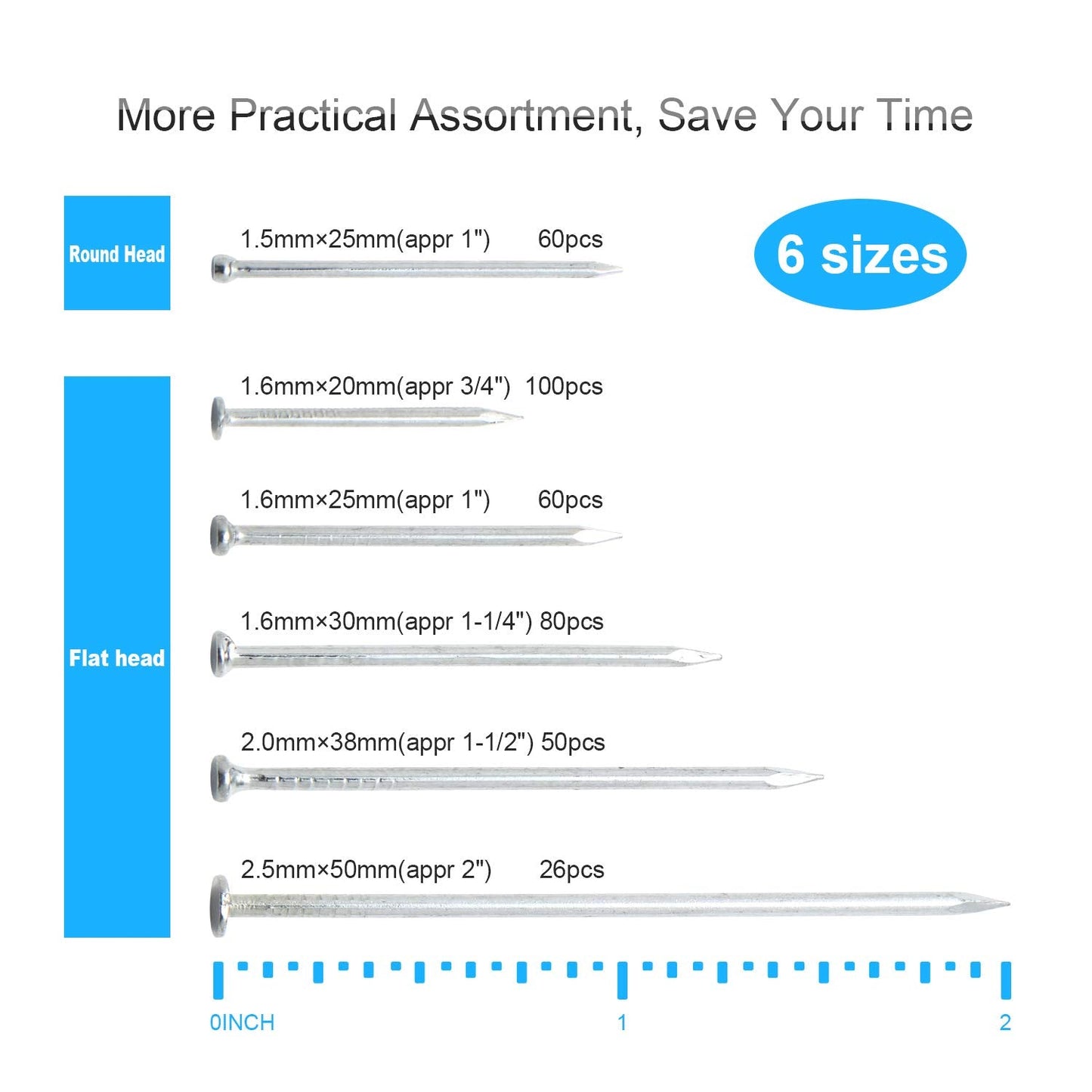 376pcs Premium Hardware Nails Assortment Kit, Maximum Length 2 Inches Galvanized, Picture Hanging, Wood, Wall With Storage Box | 6 Sizes