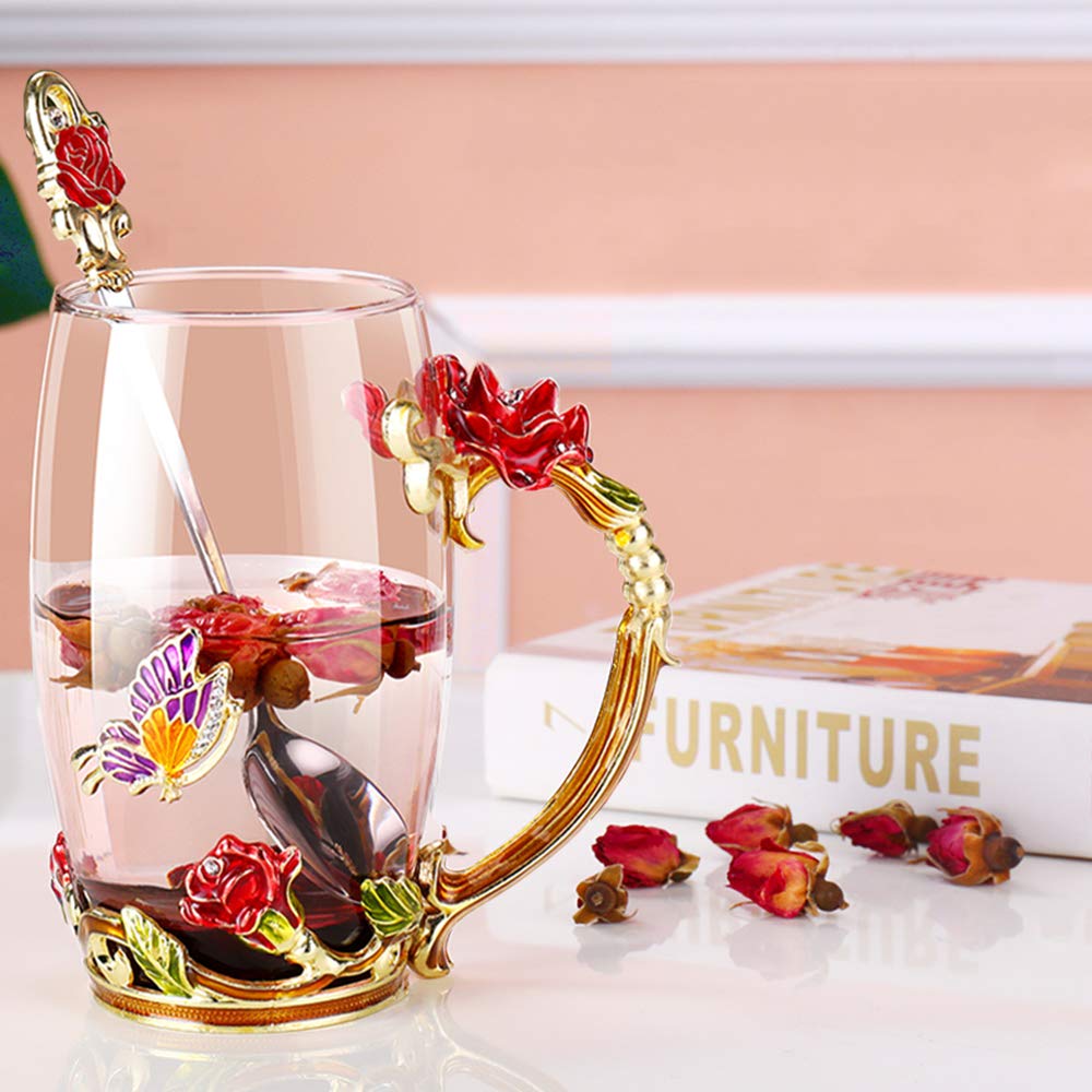 Kaiyuan Dynasty Tea Cup Glass Coffee Mugs Enamel Rose Flower Butterfly Drinking Cups with Spoon Set for Birthday Wedding Red Rose Tall Mug 12oz