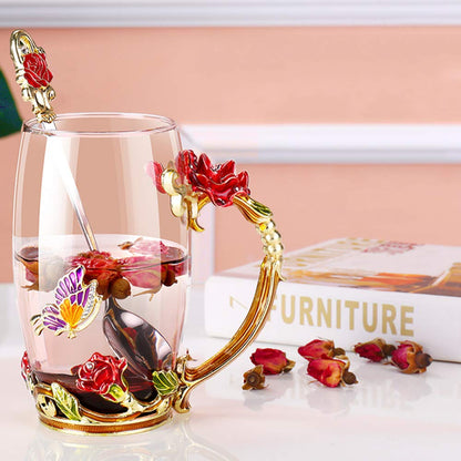 Kaiyuan Dynasty Tea Cup Glass Coffee Mugs Enamel Rose Flower Butterfly Drinking Cups with Spoon Set for Birthday Wedding Red Rose Tall Mug 12oz