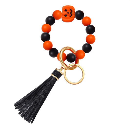 Halloween Silicone Bracelet Keychain Wristlet Bangle Keyring Portable House Car Keys Ring Holder W/Tassel (Halloween Pumpkin)