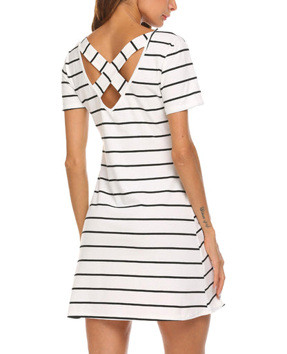 Feager Women's Striped Casual Dresses Criss Cross Short Sleeve Shift Dress Loose Fit White XL