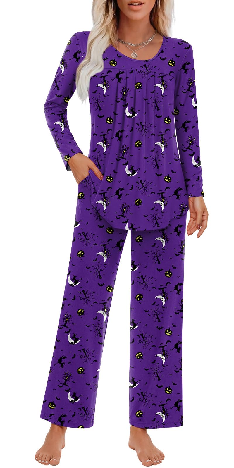 Findsweet Women's Pajama Set 2 Piece Lounge Outfits Soft Sleepwear Fall Long Sleeve Long Pant With Pockets Ladies Pjs XL, Halloween Purple