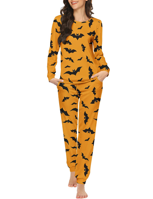 Ekouaer Womens Halloween Jogger Pajama Sets Long Sleeve Sleepwear Round Neck Nightwear Soft Pjs Lounge Sets with Pockets Yellow Halloween Medium