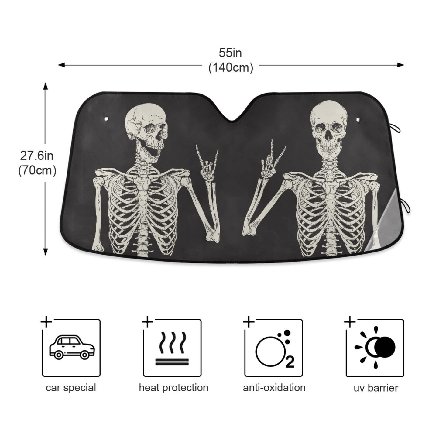 Funny Skull Car Windshield Sunshade - Skeleton Car Shade Skull Sun Shade Black Blocks UV Rays Visor Protector Accordion Folding Sun Reflector Auto Sunshade for Truck SUV to Keep Your Vehicle Cool