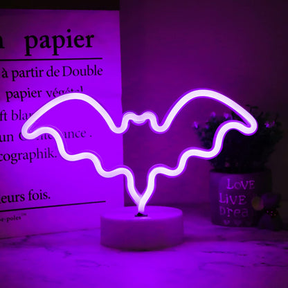 LED Neon Bat Lights Purple, Bat Shape Neon Signs Night Lights Battery Operated Desk Table Lamp for Bedroom, Bar, Wall, Halloween Decor-Bat with Holder Base(Purple)
