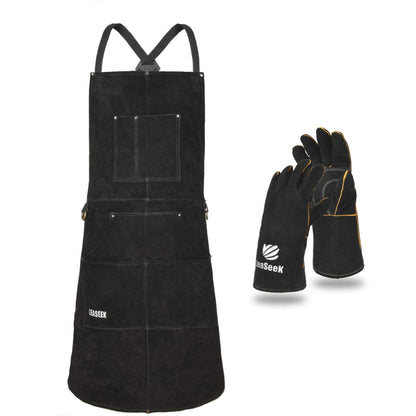 Leather Work Apron with Gloves - 6 Tool Pockets for Men& Women - Welding Apron - Ideal for Woodworking, Blacksmithing, Gardeners, Mechanics, BBQ - Adjustable M to XXXL