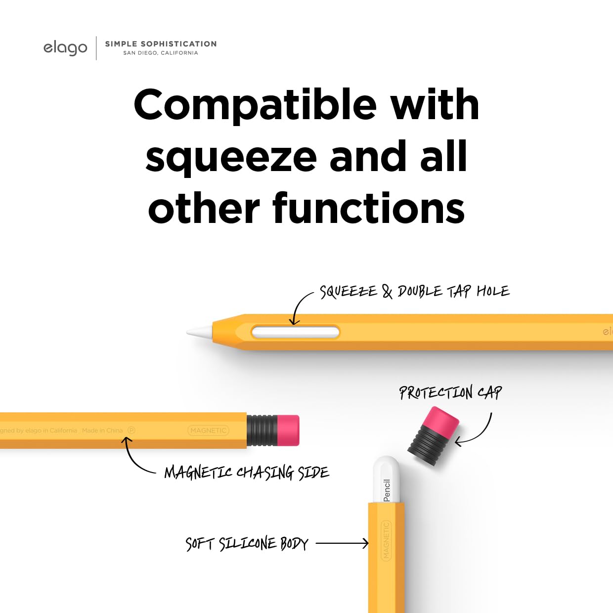 elago Compatible with Apple Pencil Pro Case & Apple Pencil 2nd Generation Case, Compatible with Magnetic Charging, Double Tap, Squeeze, Haptic (Must Read Installation Instructions) (Yellow)
