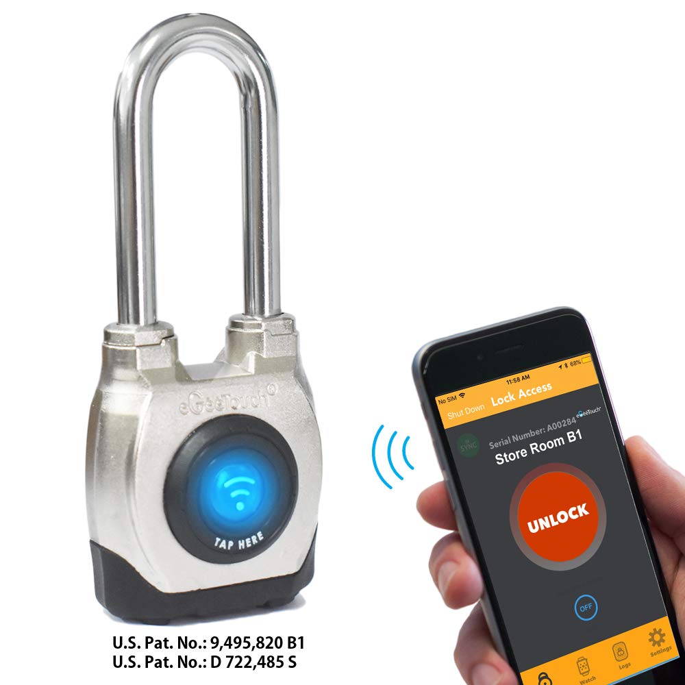 eGeeTouch 4th GEN. Smart Padlock, Weatherproof, Rugged Design for Commercial use, Bluetooth c/w NFC Fob (Long Shackle) (2 Pack)