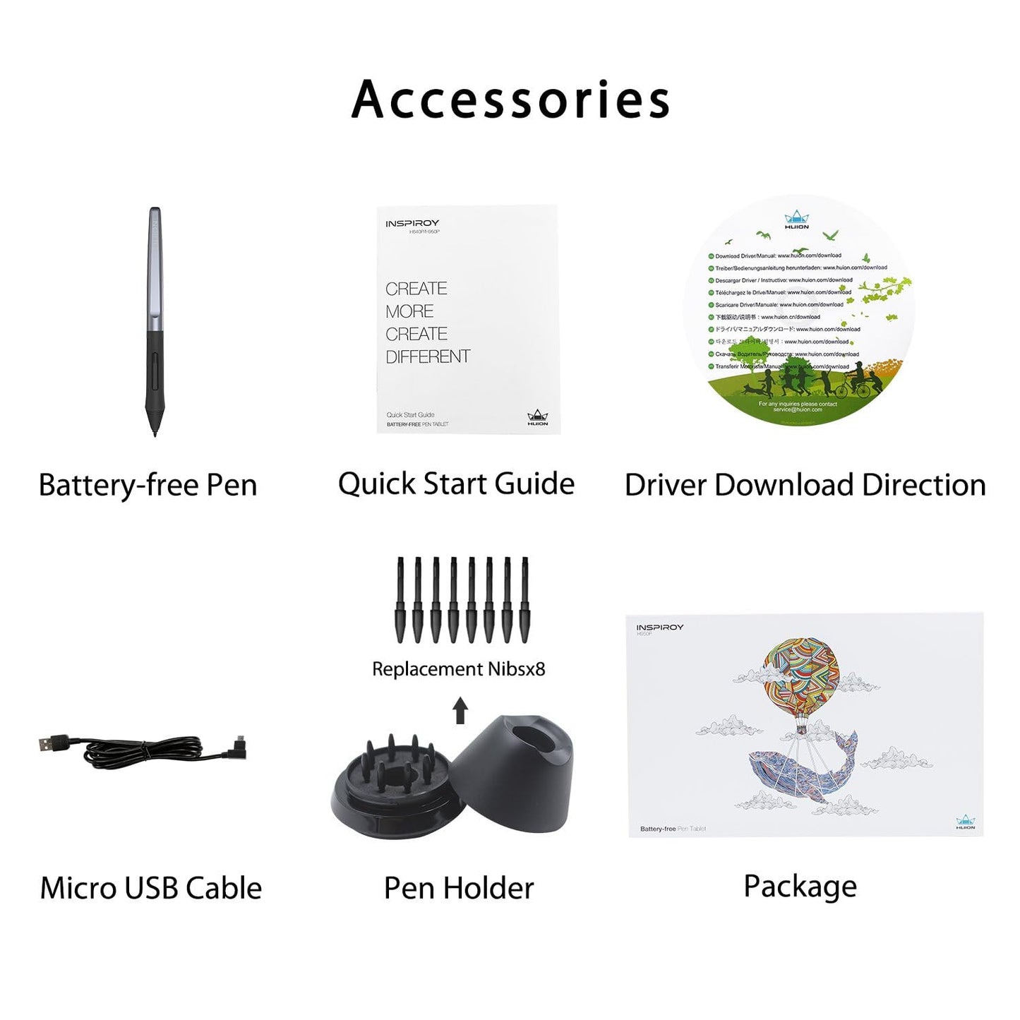 HUION Inspiroy H950P Drawing Tablet, 8x5 inch Digital Art Tablet with Battery-Free Stylus, 8192 Pen Pressure, Tilt, 8 Hot Keys, Graphic Tablet for Design, Writing, OSU, Work with Mac, PC, Mobile