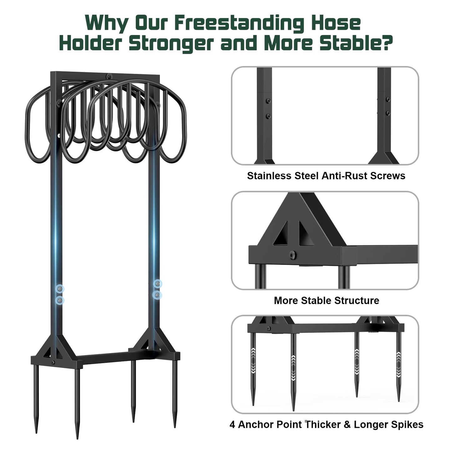 Garden Hose Holder Freestanding, Water Hose Holders for Outside with 4 Spikes, Hose Reels Double-Sided Heavy Duty Metal Hose Stand Holds 150ft Hose, Garden Hose Storage Rack for Outside Yard Lawn