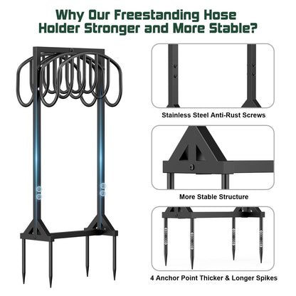 Garden Hose Holder Freestanding, Water Hose Holders for Outside with 4 Spikes, Hose Reels Double-Sided Heavy Duty Metal Hose Stand Holds 150ft Hose, Garden Hose Storage Rack for Outside Yard Lawn
