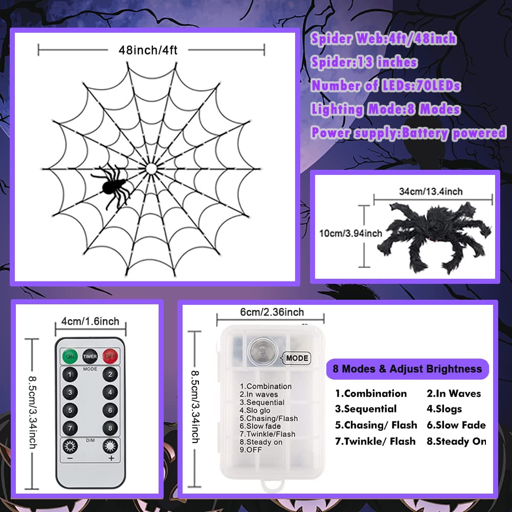 Halloween Decorations Spider Web Lights - 4FT Diameter 70 LEDs with Black Spider, Waterproof Net Lights, Remote Control, 8 Modes Cobweb Halloween Decorations for House Garden Indoor Outdoor (Purple)