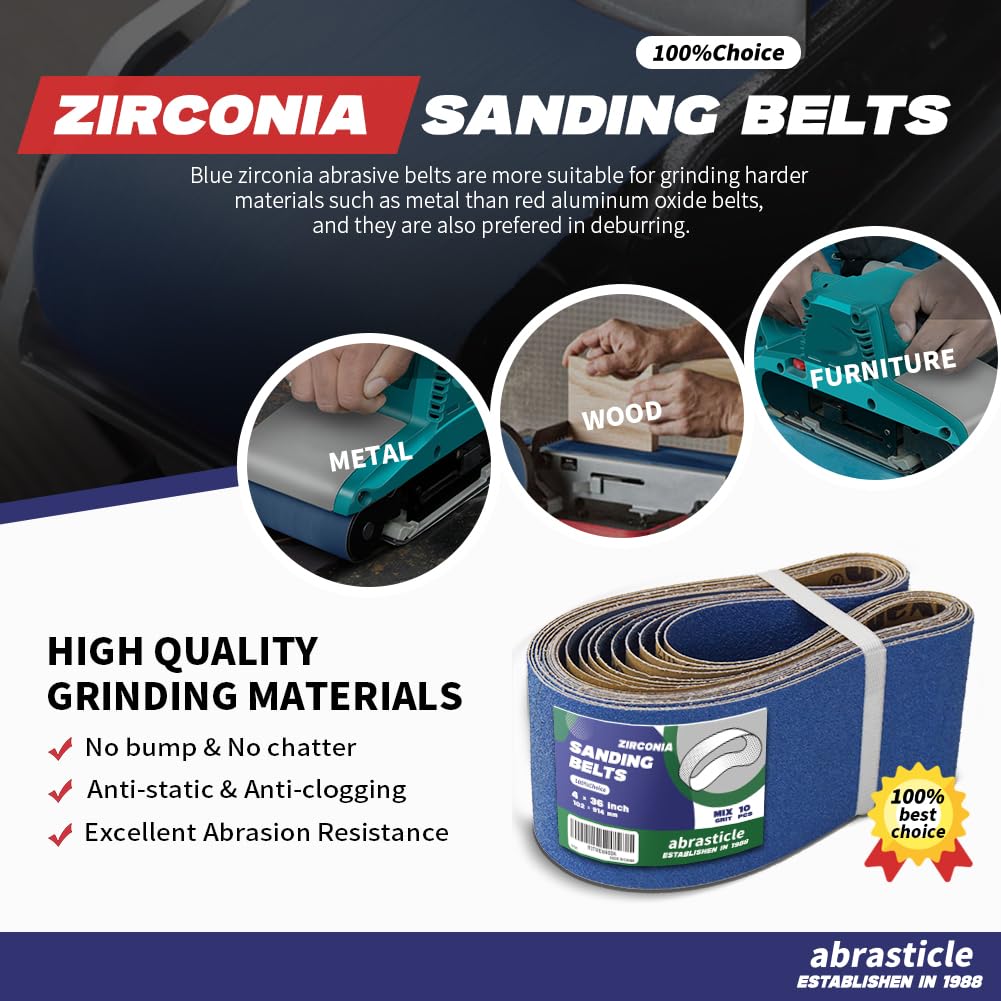 4" x 36" Zirconia Sanding Belts for Metal - 4 x 36 Inch Zirconia Metal Grinding Sand Paper, 10 PCS 2 Each of 40/60/80/120/240 Assorted Grits, Perfect for Metal Polishing, Derusting, Woodworking