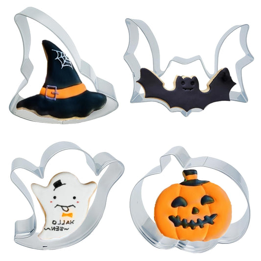 4PCS Large Halloween Cookie Cutters, Stainless Steel Metal Molds Pumpkin, Bat, Ghost, Wich's Hat Cookie Cutters with Decorating Instructions