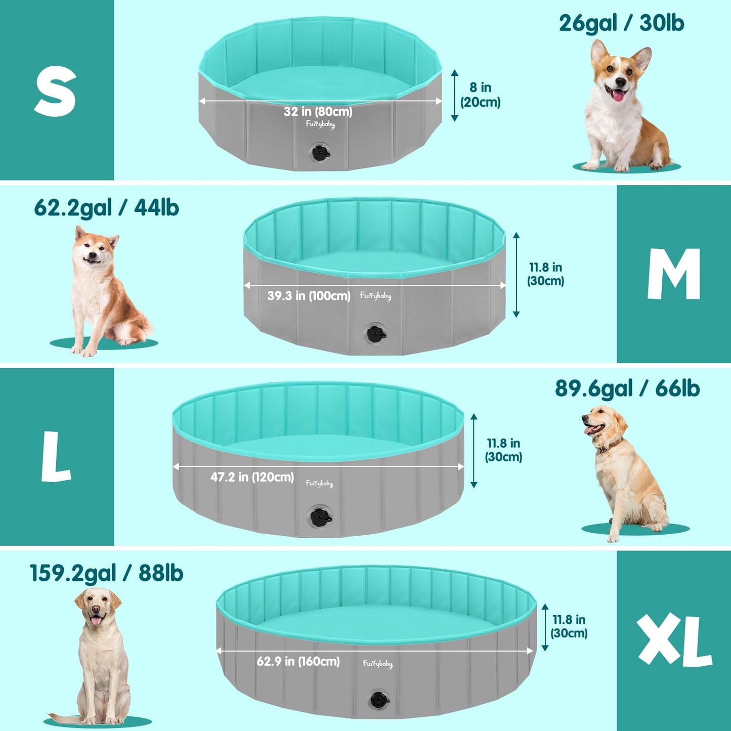 Furrybaby Foldable Dog Pool, Kiddie Pool Hard Plastic, Collapsible Pet Bath Portable Dog Swimming Pool for Pet, Dogs and Cats Grey 32''