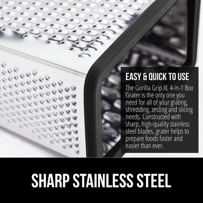 GORILLA GRIP XL 4-Sided Cheese Grater With Container, 100% BPA-Free Stainless Steel Box Graters, Parmesan Shredder, Grate Cheeses, Shred Veggies, Slip Resistant Handle, Dishwasher Safe Zester, Black