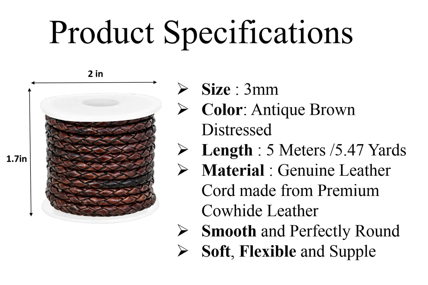 GENIQUE Real/Genuine Round Braided Leather Cord String Rope Folded, Leather Rope for Crafts, Jewelry Making, Necklace, Bracelets (5 Metres) (3mm, Antique Brown Distressed)