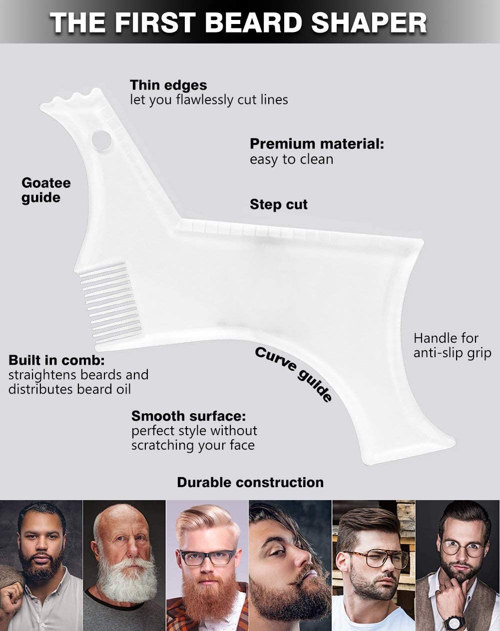 Beard Shaping & Styling Tool With Comb for Perfect line up & Edging For Men's Jaw Cheek/Neck Line, Symmetric/Curve/Step Cut Works with Any Beard Razor Electric Trimmers or Clippers (Clear-1pcs)