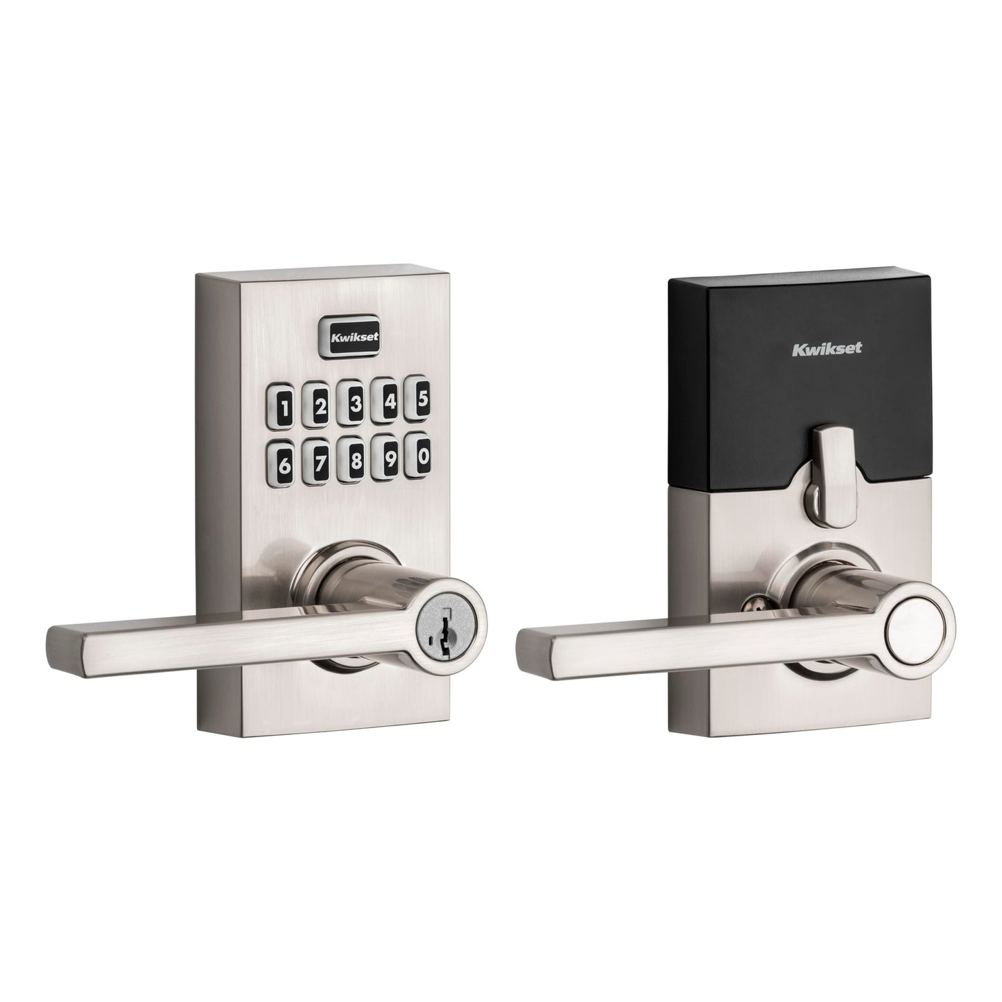 Kwikset SmartCode 917 Keypad Keyless Entry Contemporary Residential Electronic Lever Lock Deadbolt Alternative with Halifax Door Lever and SmartKey Security, Satin Nickel