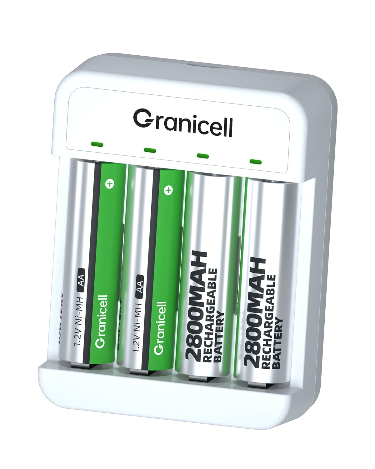 Granicell Rechargeable AA Batteries with Charger, 2800mAh 4-Pack NiMH Double A Batteries with Smart 4 Bay USB Fast Charging Battery Charger for Ni-MH Ni-CD