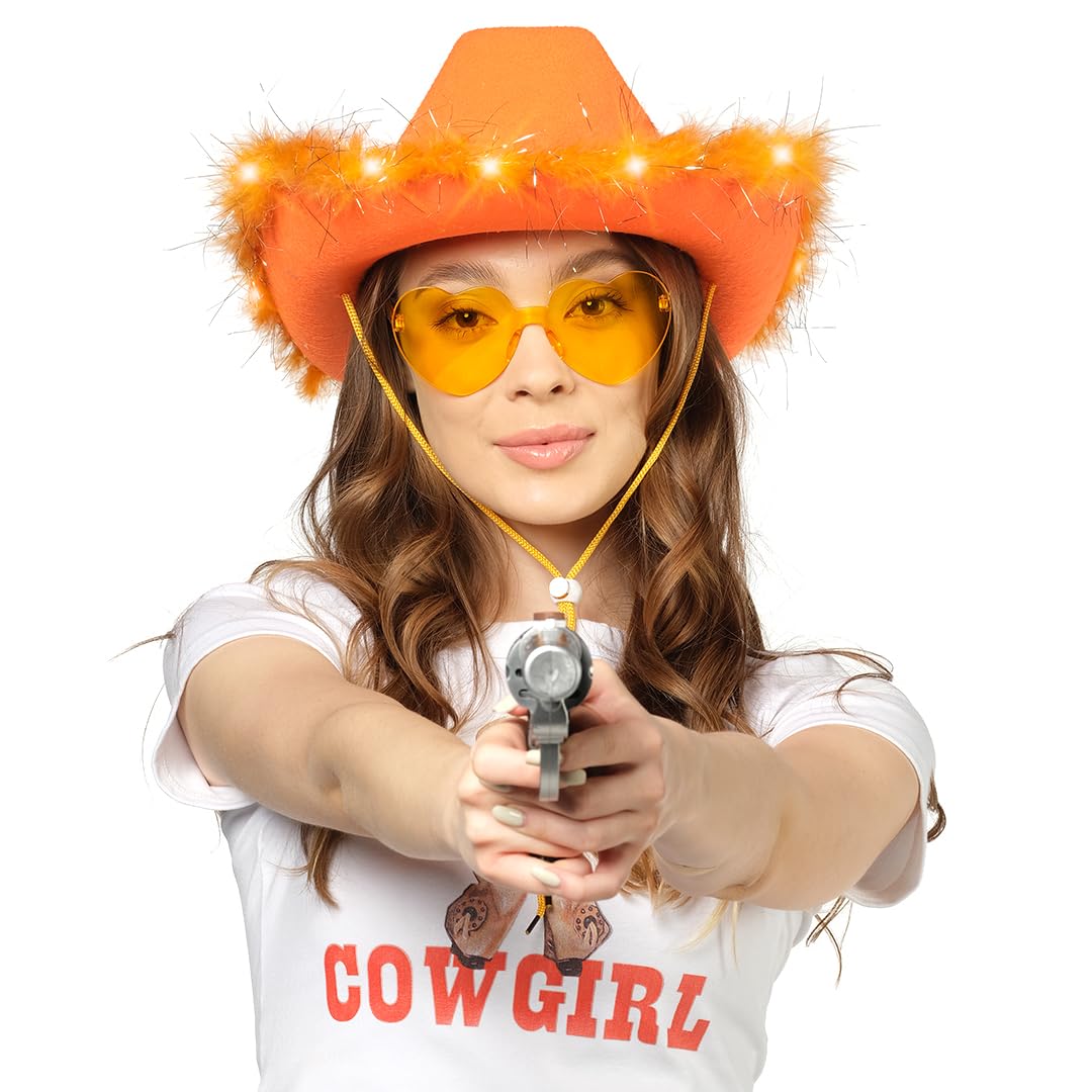 Funcredible Orange Cowboy Hat and Glasses - Light Up Cowgirl Hat for Girls - Cowboy Hats with Feathers - Halloween Hats for Women