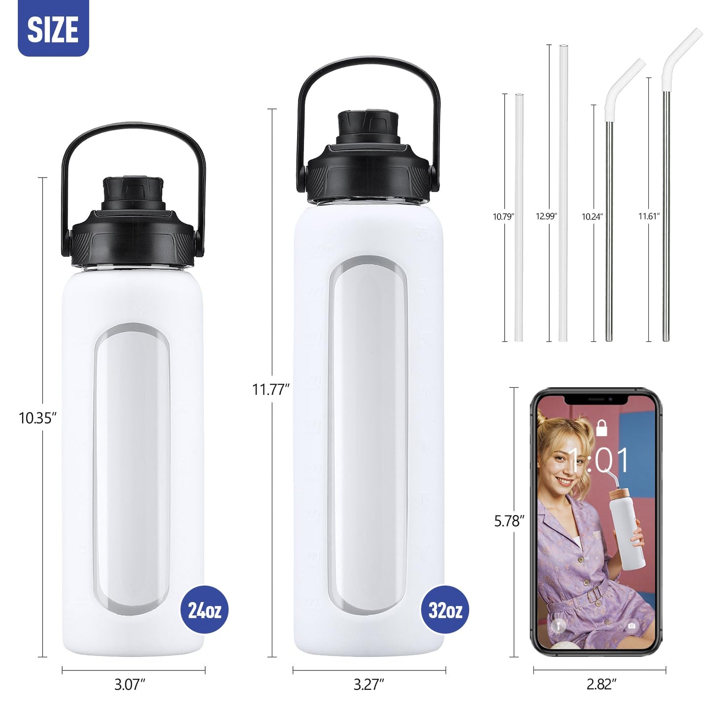 Kodrine 32oz Glass Water Bottle with Straw, Glass Drinking Bottle with 2 lids-Bamboo and Spout Lid, Leakproof Daily Water Intake Bottle with Time Marker for Home,Outdoor Sports, BPA free, White