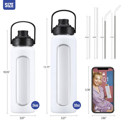 Kodrine 32oz Glass Water Bottle with Straw, Glass Drinking Bottle with 2 lids-Bamboo and Spout Lid, Leakproof Daily Water Intake Bottle with Time Marker for Home,Outdoor Sports, BPA free, White