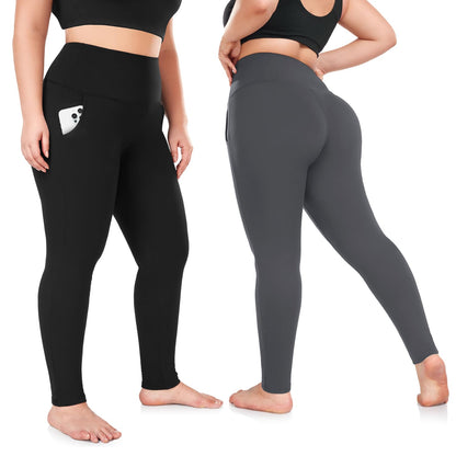 FULLSOFT 2 Pack Plus Size Fleece Lined Leggings with Pockets for Women - High Waist Stretchy 1X-4X Yoga Pants - Thermal Leggings for Winter Workout Running(2XL-Black,Grey)