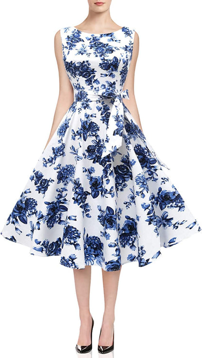 Hanpceirs Women's Boatneck Sleeveless Swing Vintage 1950s Cocktail Dress Porcelain M