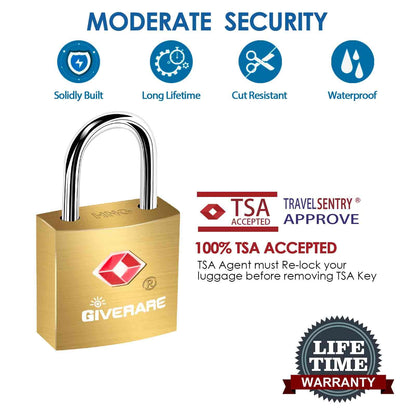 4 Pack TSA Approved Travel Luggage Locks with Keys, Solid Brass Copper Keyed Padlock, Small Locks for Suitcase, Backpack, Gym Locker, Jewelry Box, Gold-by GIVERARE