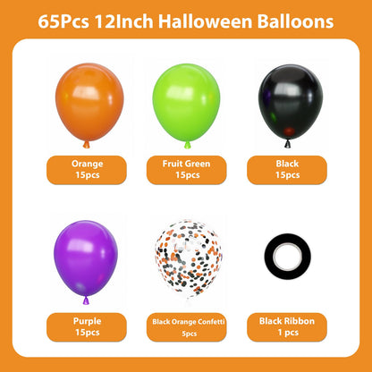 Halloween Balloons Set, 65Pcs 12Inch Black Orange Purple Green Balloons Kit, Black and Orange Latex Balloons for Birthday Wedding Halloween Party Decorations