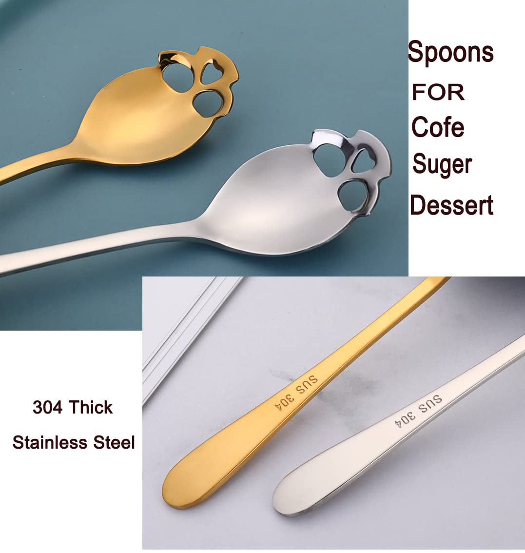 304 Stainless Steel Sugar Tea Skull Spoons, Coffee Stirring Slotted Metal Spoon, Espresso Spoons for Dessert, Cake (Set of 4 Mixed colors)